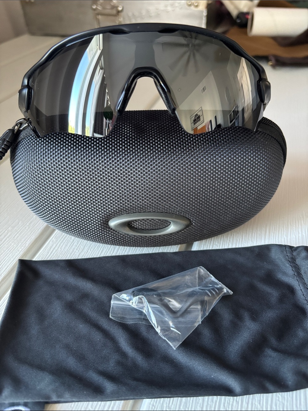 Oakley Black Shield-Style Sunglasses with Black Case and Black Microfiber Pouch